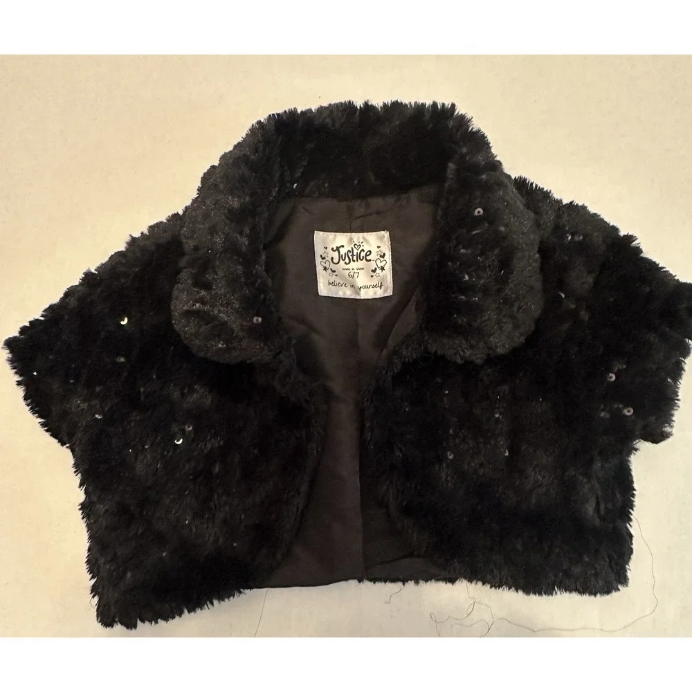 Justice Black Sequence Stole Girls Size 6-7 Dress Sweater Faux Fur Shall